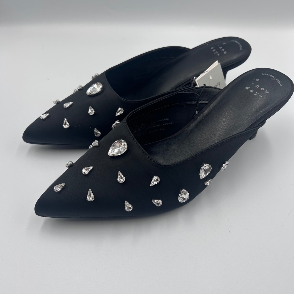 A New Day Katia Black Rhinestone Pointed Toe Kitten Heel Mules Size 8.5 NEW